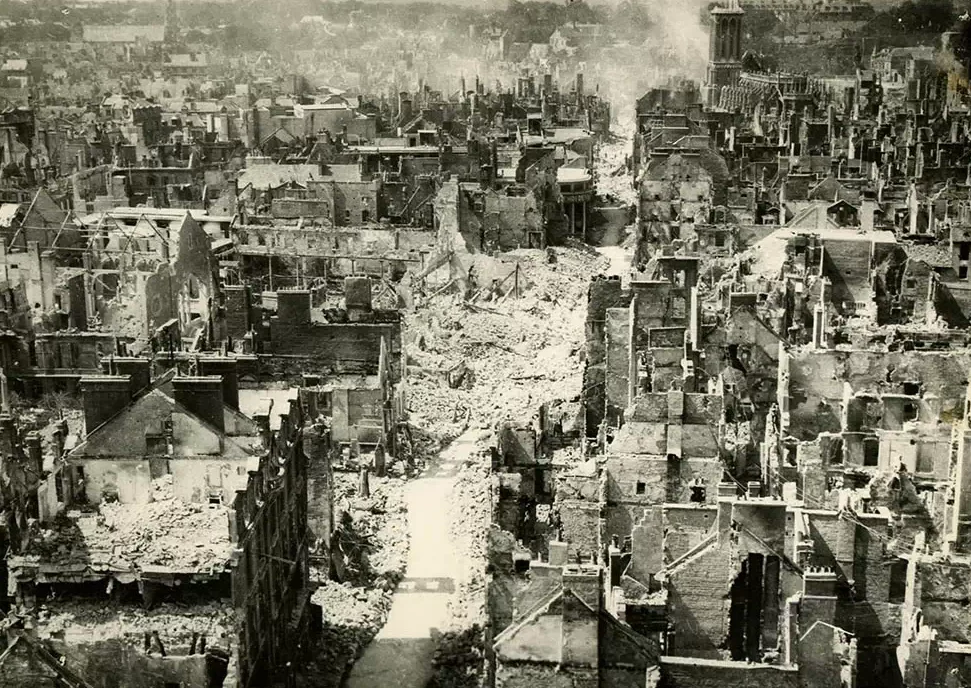 Capturing Caen: Aerial view of devastated Caen, 1944