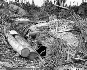 Battle of Makin: GI surveys landscape from a deserted Japanese bunker